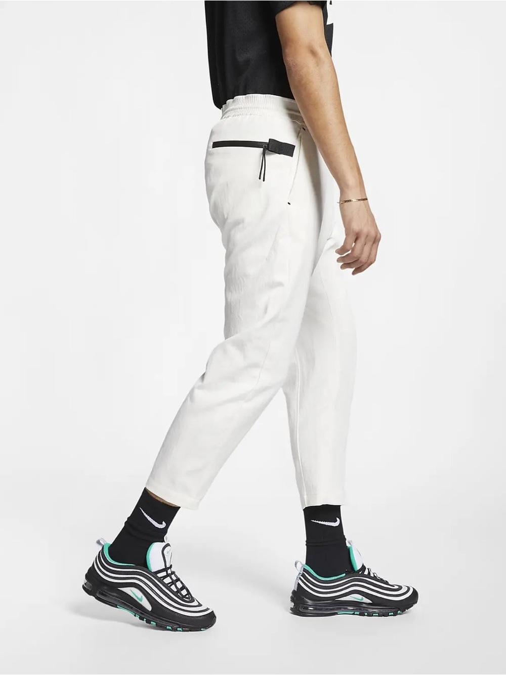 Nike Tapped Leg White Men's Jogger Sweatpants, Black trim, Elastic Waist, XS